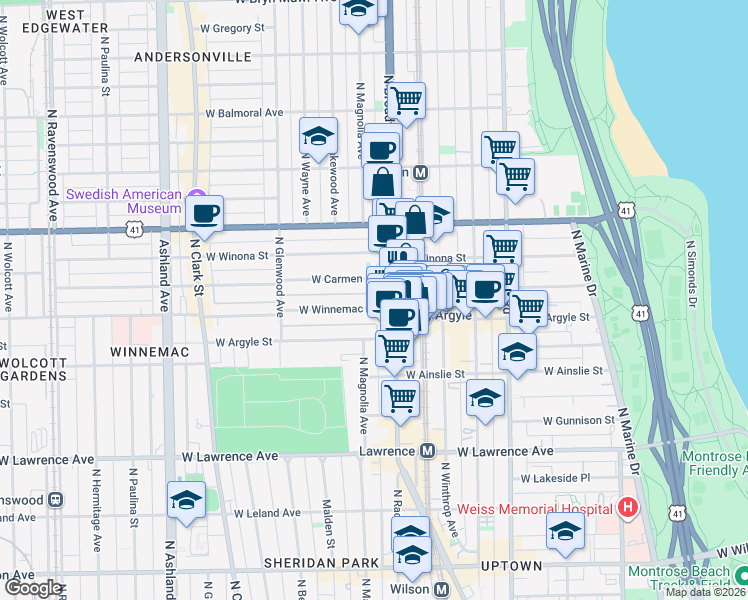 map of restaurants, bars, coffee shops, grocery stores, and more near 5080 North Broadway in Chicago