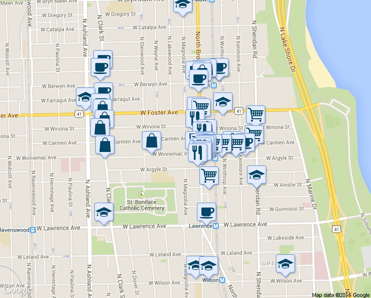 map of restaurants, bars, coffee shops, grocery stores, and more near 1241 West Carmen Avenue in Chicago