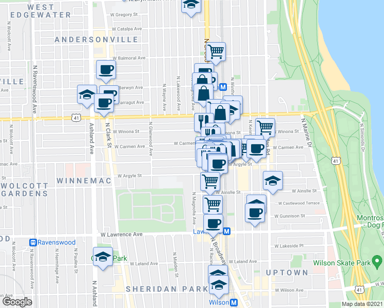 map of restaurants, bars, coffee shops, grocery stores, and more near 1241 West Carmen Avenue in Chicago