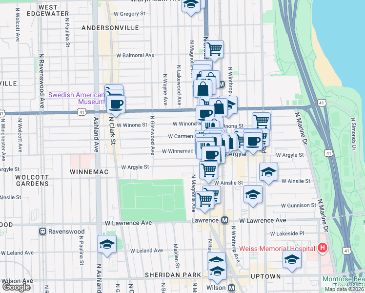 map of restaurants, bars, coffee shops, grocery stores, and more near 1241 West Carmen Avenue in Chicago