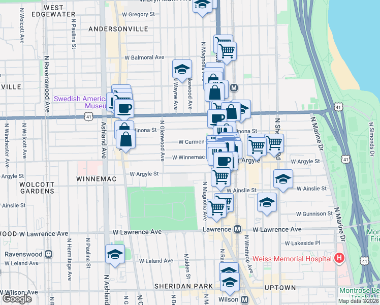 map of restaurants, bars, coffee shops, grocery stores, and more near 1313 West Carmen Avenue in Chicago