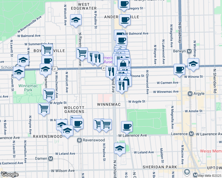 map of restaurants, bars, coffee shops, grocery stores, and more near 1618 West Carmen Avenue in Chicago