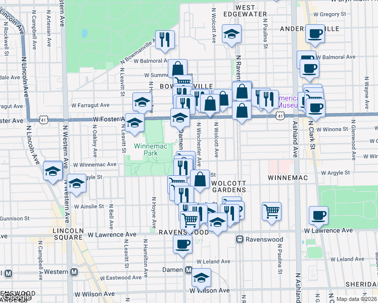 map of restaurants, bars, coffee shops, grocery stores, and more near 5074 North Winchester Avenue in Chicago
