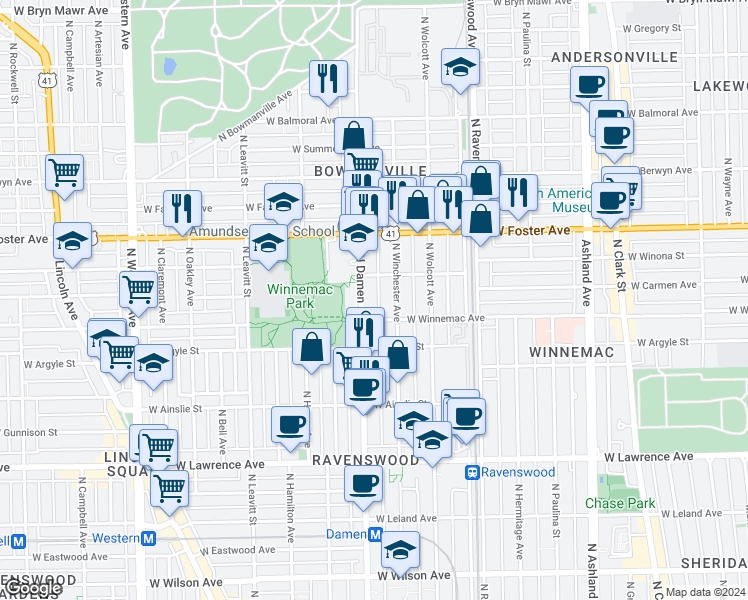 map of restaurants, bars, coffee shops, grocery stores, and more near 5100 North Damen Avenue in Chicago