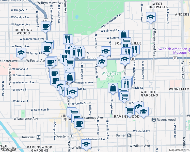 map of restaurants, bars, coffee shops, grocery stores, and more near 5101 North Leavitt Street in Chicago