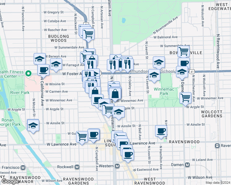 map of restaurants, bars, coffee shops, grocery stores, and more near 5107 North Western Avenue in Chicago