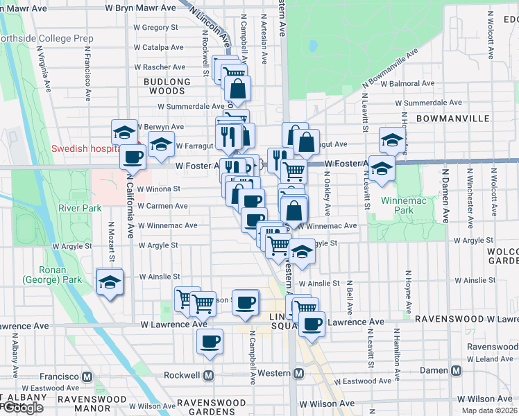 map of restaurants, bars, coffee shops, grocery stores, and more near 5111 North Lincoln Avenue in Chicago
