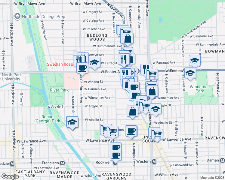map of restaurants, bars, coffee shops, grocery stores, and more near 2609 West Winona Street in Chicago