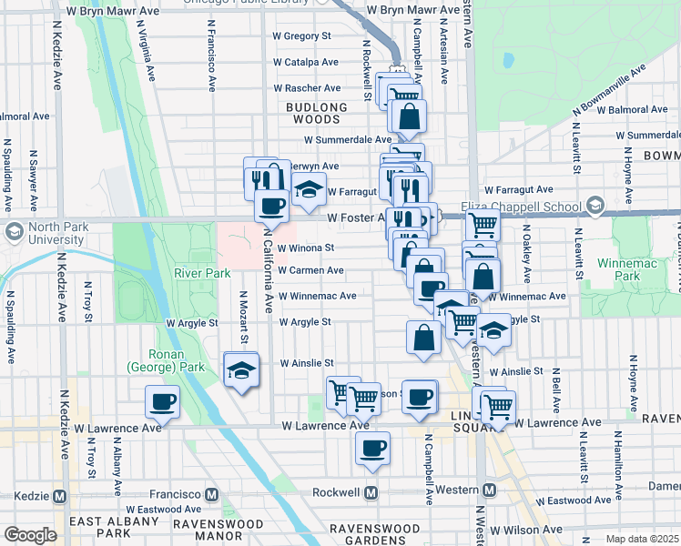 map of restaurants, bars, coffee shops, grocery stores, and more near 2651 West Winona Street in Chicago