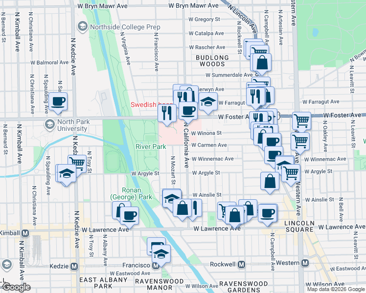 map of restaurants, bars, coffee shops, grocery stores, and more near 2751 West Winona Street in Chicago