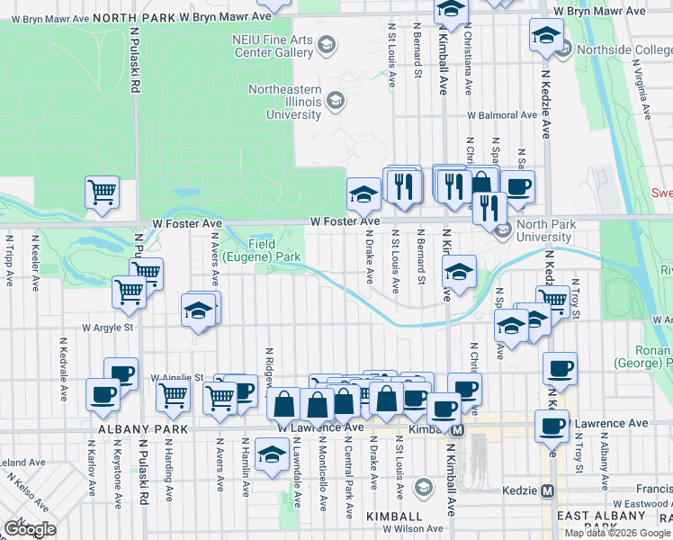 map of restaurants, bars, coffee shops, grocery stores, and more near 5122 North Central Park Avenue in Chicago