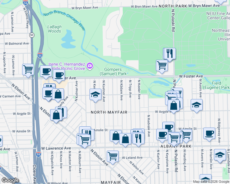 map of restaurants, bars, coffee shops, grocery stores, and more near 5129 North Lowell Avenue in Chicago