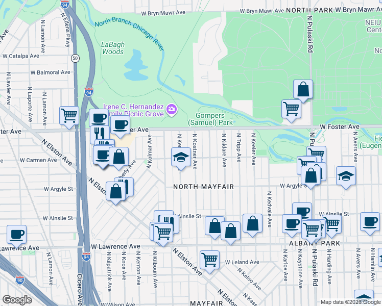 map of restaurants, bars, coffee shops, grocery stores, and more near 5133 North Kostner Avenue in Chicago
