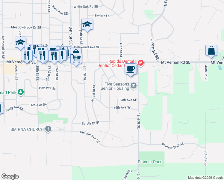 map of restaurants, bars, coffee shops, grocery stores, and more near 1112 38th Street Southeast in Cedar Rapids