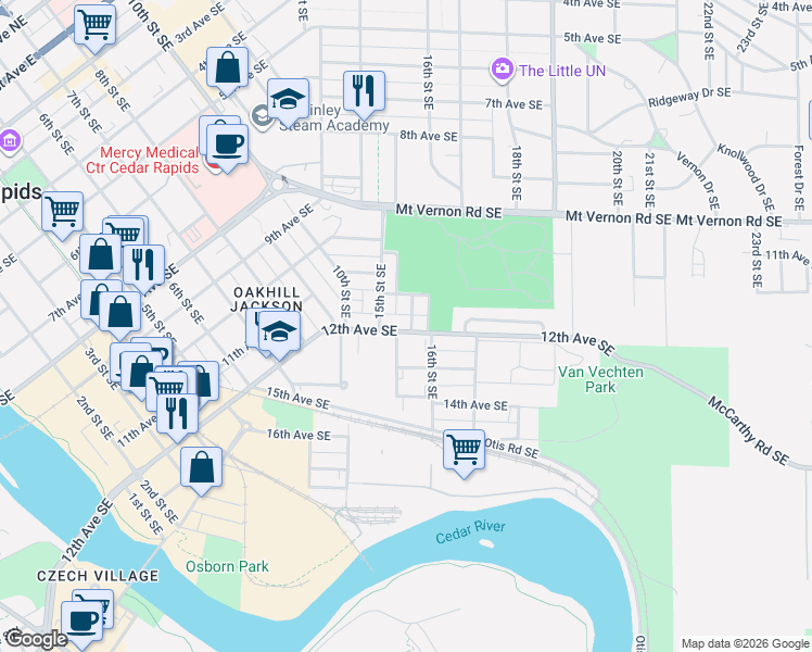 map of restaurants, bars, coffee shops, grocery stores, and more near 1130 16th Street Southeast in Cedar Rapids