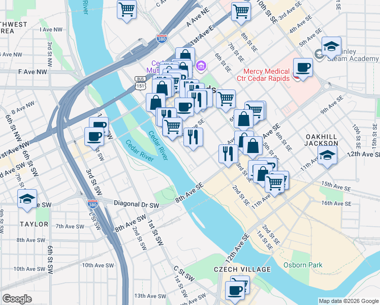 map of restaurants, bars, coffee shops, grocery stores, and more near 306 6th Ave SE in Cedar Rapids