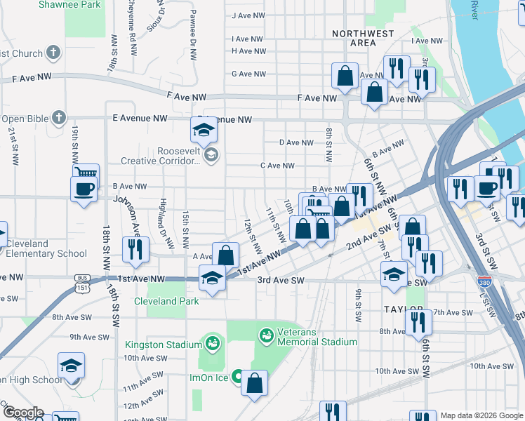 map of restaurants, bars, coffee shops, grocery stores, and more near in Cedar Rapids