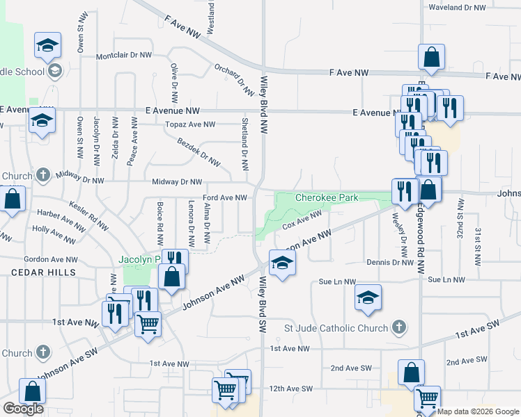map of restaurants, bars, coffee shops, grocery stores, and more near 4200 Ford Avenue Northwest in Cedar Rapids