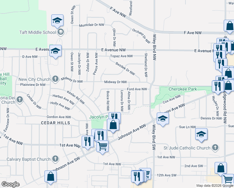 map of restaurants, bars, coffee shops, grocery stores, and more near 4610 Ford Avenue Northwest in Cedar Rapids