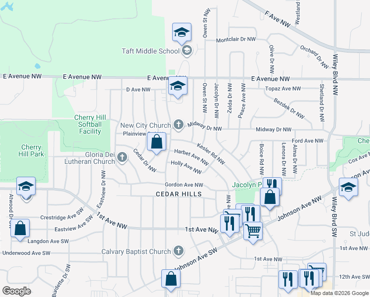 map of restaurants, bars, coffee shops, grocery stores, and more near 5200-5210 Kesler Road Northwest in Cedar Rapids
