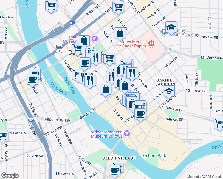 map of restaurants, bars, coffee shops, grocery stores, and more near 708 3rd Street Southeast in Cedar Rapids