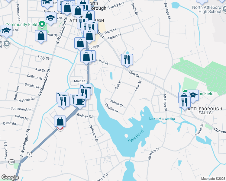 map of restaurants, bars, coffee shops, grocery stores, and more near 0 Simpson Street in North Attleborough