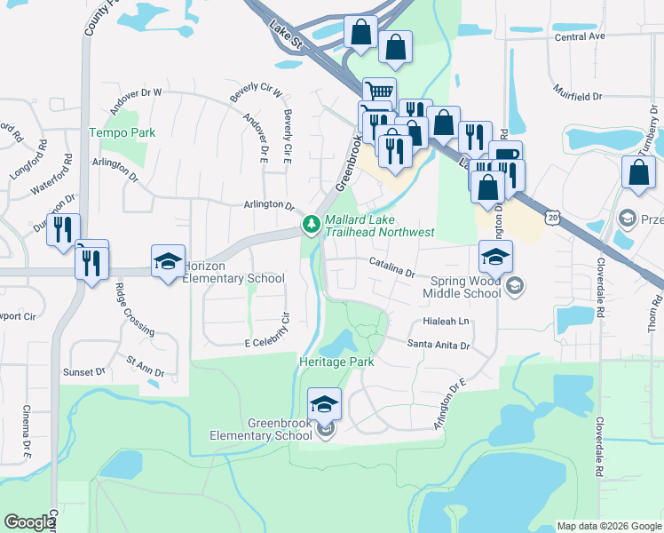 map of restaurants, bars, coffee shops, grocery stores, and more near 5623 Santa Barbara Drive in Hanover Park