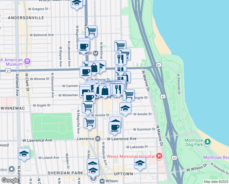 map of restaurants, bars, coffee shops, grocery stores, and more near 5036 North Sheridan Road in Chicago