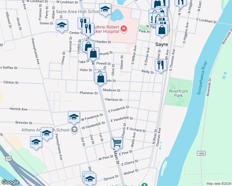 map of restaurants, bars, coffee shops, grocery stores, and more near 310 Olive Street in Sayre