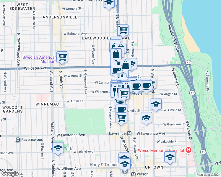 map of restaurants, bars, coffee shops, grocery stores, and more near 1232 West Winnemac Avenue in Chicago