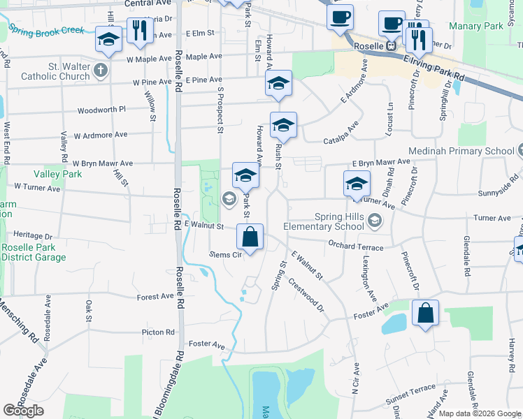 map of restaurants, bars, coffee shops, grocery stores, and more near 501 Park Street in Roselle
