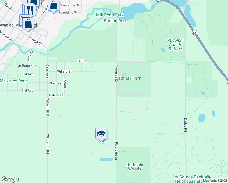 map of restaurants, bars, coffee shops, grocery stores, and more near 530 Riverside Drive in Dowagiac