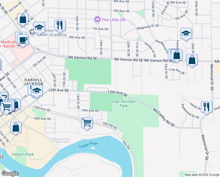map of restaurants, bars, coffee shops, grocery stores, and more near 1828 Americus Drive Southeast in Cedar Rapids