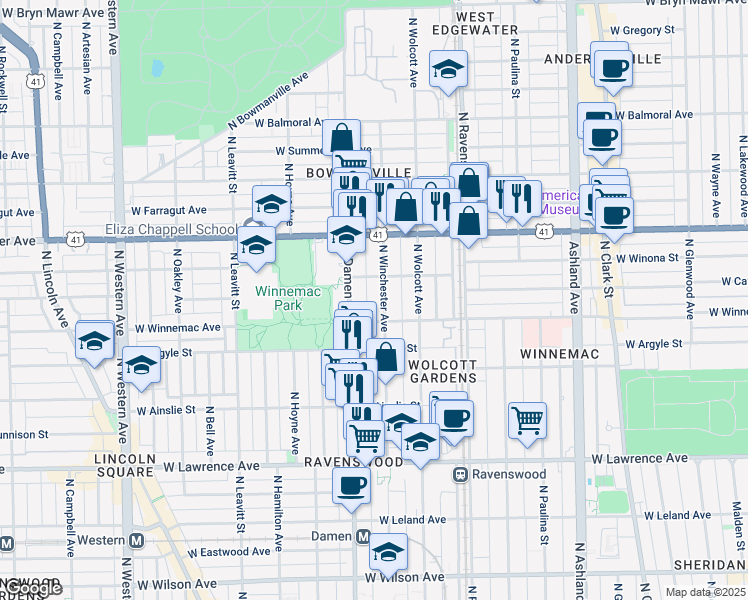 map of restaurants, bars, coffee shops, grocery stores, and more near 5074 North Winchester Avenue in Chicago