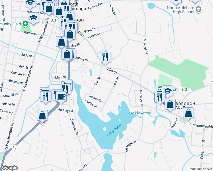 map of restaurants, bars, coffee shops, grocery stores, and more near 33 Lafayette Street in North Attleborough