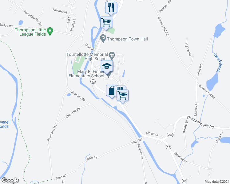 map of restaurants, bars, coffee shops, grocery stores, and more near 715 Riverside Drive in Thompson