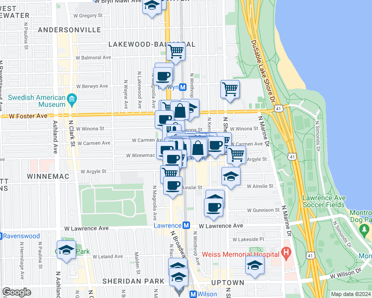 map of restaurants, bars, coffee shops, grocery stores, and more near 5042 North Winthrop Avenue in Chicago