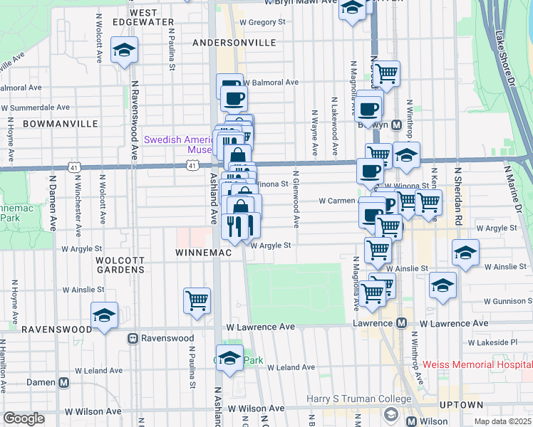 map of restaurants, bars, coffee shops, grocery stores, and more near 1430 West Carmen Avenue in Chicago