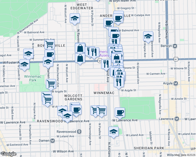 map of restaurants, bars, coffee shops, grocery stores, and more near 1660 West Carmen Avenue in Chicago