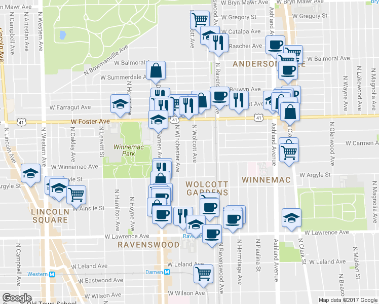 map of restaurants, bars, coffee shops, grocery stores, and more near 1901 West Winona Street in Chicago