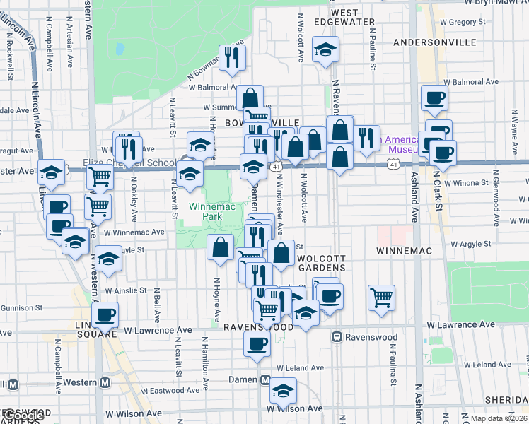 map of restaurants, bars, coffee shops, grocery stores, and more near 5100 North Damen Avenue in Chicago
