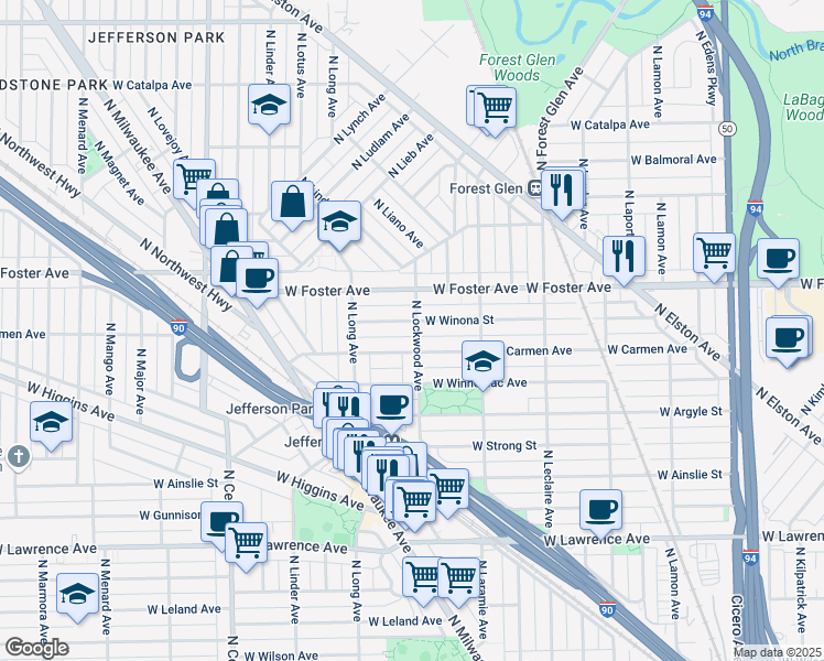map of restaurants, bars, coffee shops, grocery stores, and more near 5302 West Winona Street in Chicago