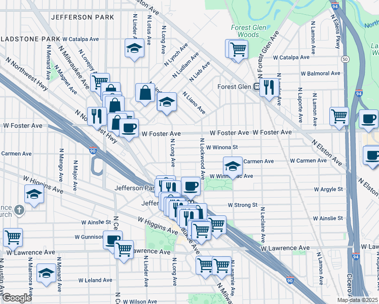 map of restaurants, bars, coffee shops, grocery stores, and more near 5342 West Winona Street in Chicago
