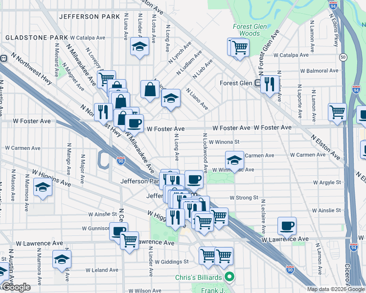 map of restaurants, bars, coffee shops, grocery stores, and more near 5342 West Winona Street in Chicago