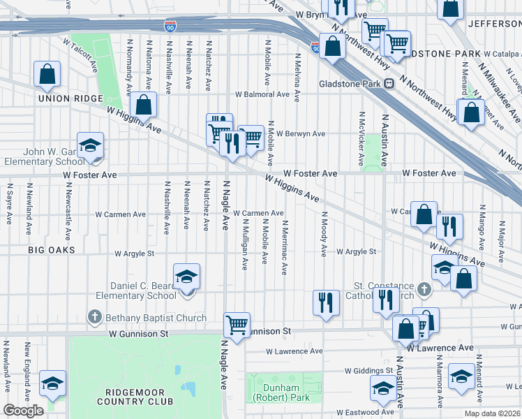 map of restaurants, bars, coffee shops, grocery stores, and more near 5122 North Mobile Avenue in Chicago