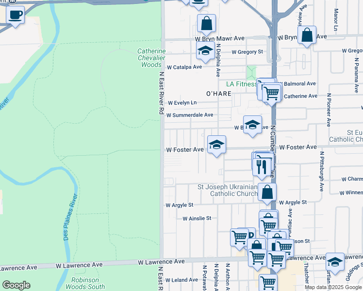 map of restaurants, bars, coffee shops, grocery stores, and more near 5222 North Oakview Avenue in Chicago