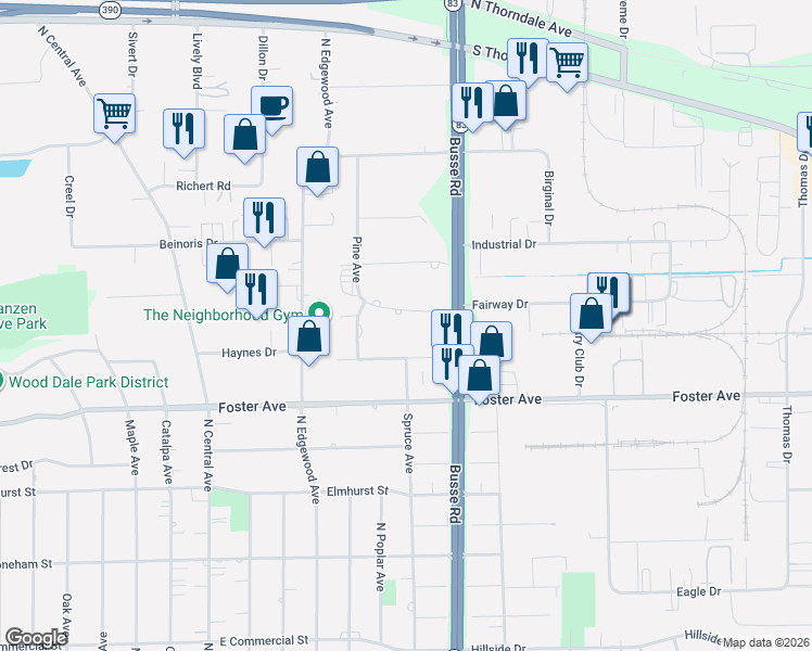 map of restaurants, bars, coffee shops, grocery stores, and more near 17W076 West Center Street in Bensenville