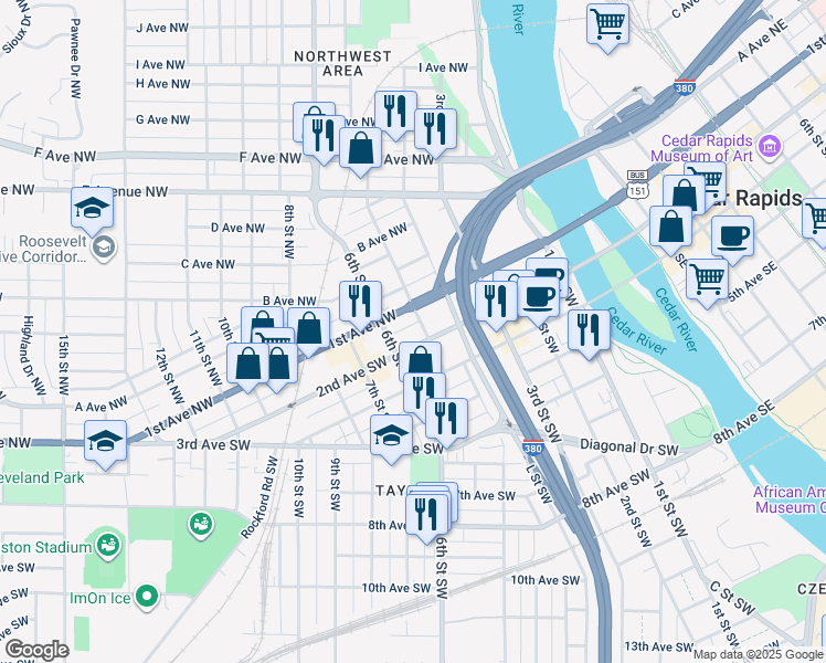 map of restaurants, bars, coffee shops, grocery stores, and more near in Cedar Rapids