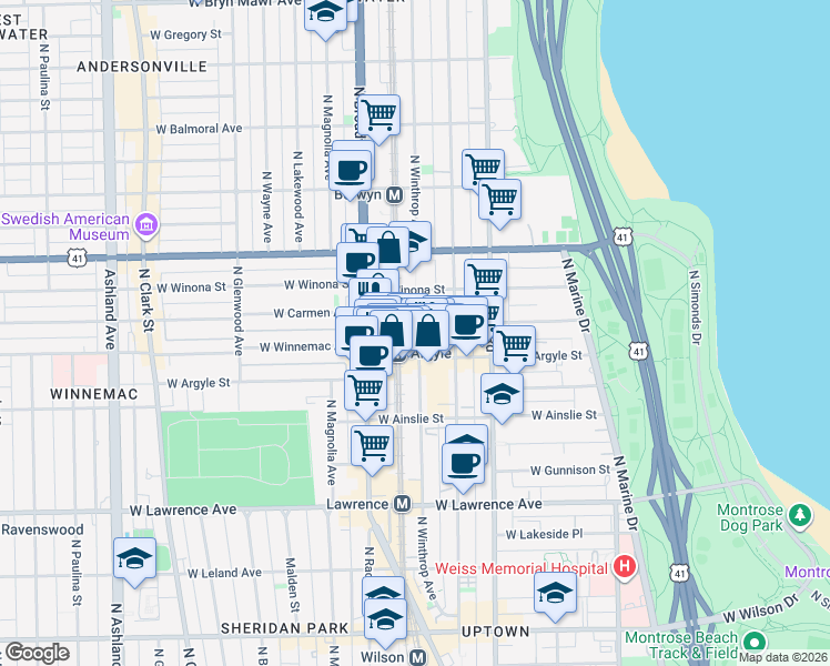 map of restaurants, bars, coffee shops, grocery stores, and more near 5022 North Winthrop Avenue in Chicago
