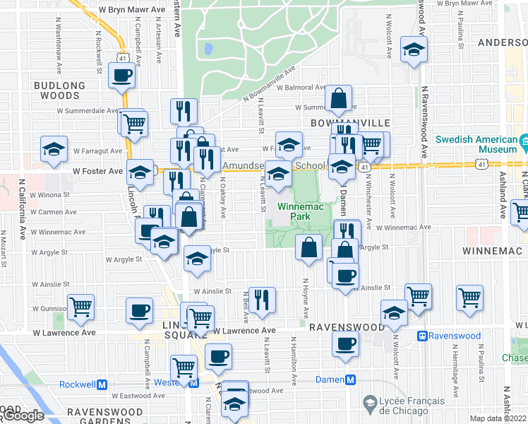 map of restaurants, bars, coffee shops, grocery stores, and more near North Leavitt Street & West Carmen Avenue in Chicago